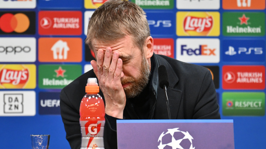 Graham Potter reacts during a news conference while in charge of Chelsea