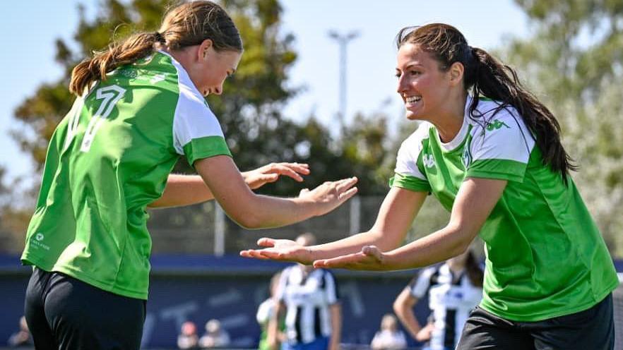 Footballers Calleigh Hedley and Chloe Ingrouille playing for Guernsey FC Women against Wimborne Town in the Southern Region Women's Football League Division One South