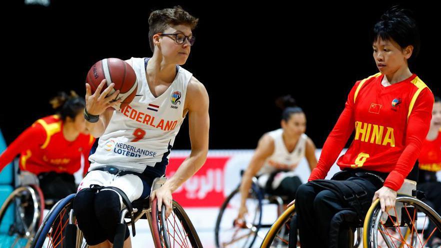 Bo Kramer of the Netherlands with the ball at the 2022 World Championships