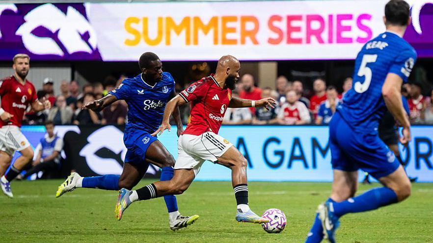 New Manchester United Signing Bryan Mbeumo runs with the ball in a game against Everton during the Premier League Summer Series.