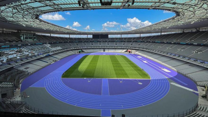 The new track of the Stade de France, the Olympic Stadium of the Paris 2024 Olympic and Paralympic Games