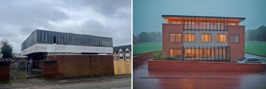 The left image shows the rear view of Rushden Police Station with graffiti on the dirty white walls. The right image is a CGI image of the three storey block of flats. It is a modern, red brick building