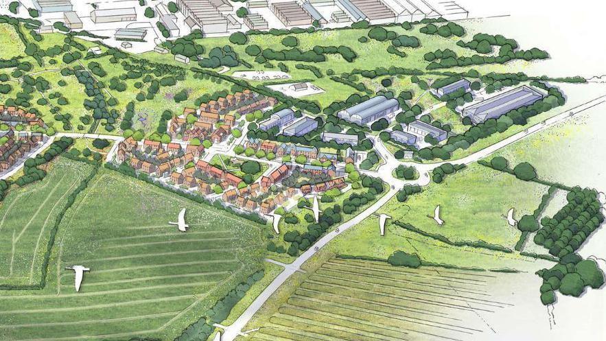 A coloured sketch of the developer's proposed scheme, including red brick houses surrounded by fields.