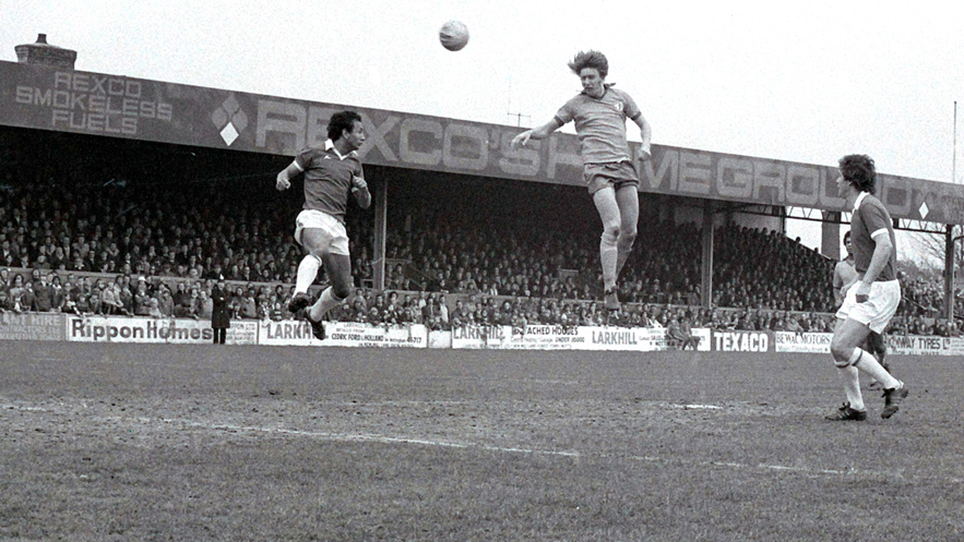 Kevin Bird heading the ball for Mansfield Town in 1977