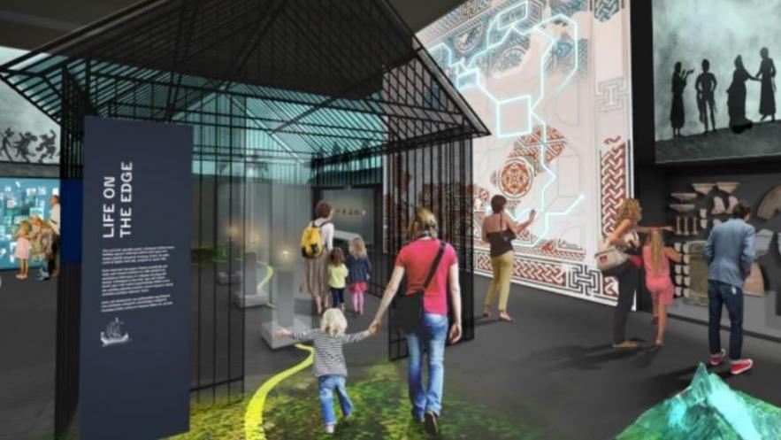 Architect's artist's impression of the new collections room at Hereford Museum. The image shows families looking at displays.