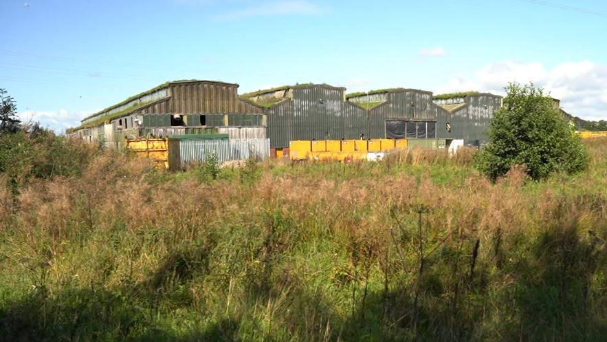 An overgrown field on Rockcliffe Industrial Estate, where they proposed the gas plant would go. Four grey metal industrial buildings line the field.
