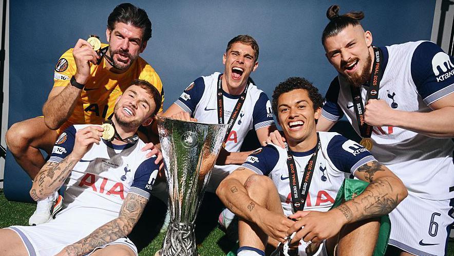 Tottenham players celebrate winning the Europa League