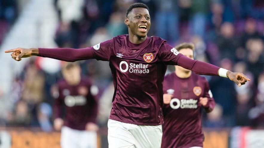 Hearts' Musa Drammeh reacts as there is a VAR check following his goal during a William Hill Premiership match between Heart of Midlothian and Motherwell at Tynecastle Park,