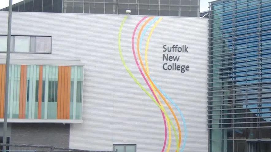 A general view of Suffolk New College in Ipswich. It is a picture of the building exterior with the college's name on it. 