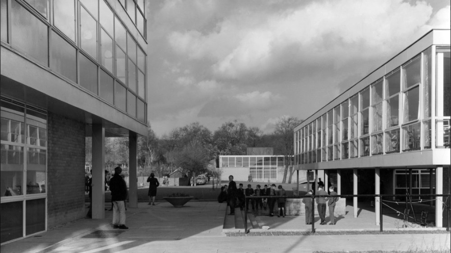 A black and white image of the courtyard in Churchfields Comprehensive School