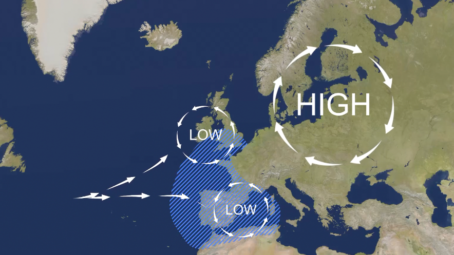 Map of Europe showing a large area of high pressure over Scandinavia and Eastern Europe and low pressure systems over the UK and Spain with a blue area shaded indicating persistent wet weather