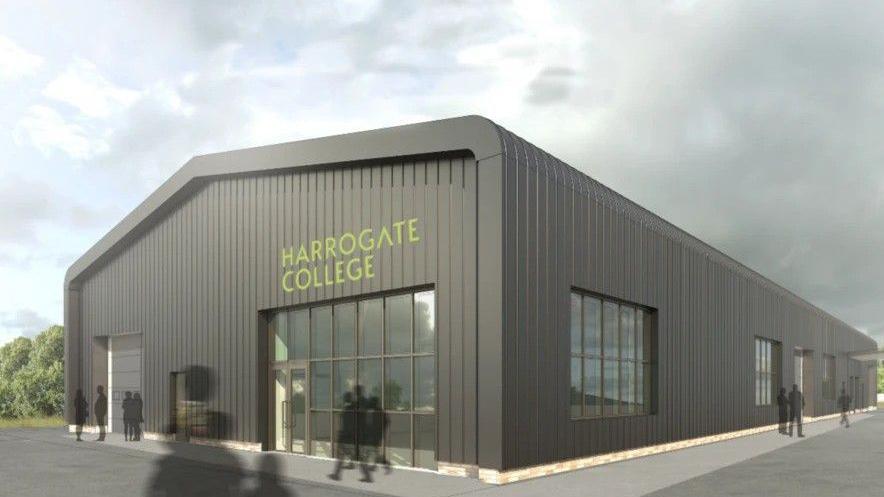 A CGI artist's impression of a building marked Harrogate College. It is a black corrugated building with green lettering. Shadowed figures are dotted about.