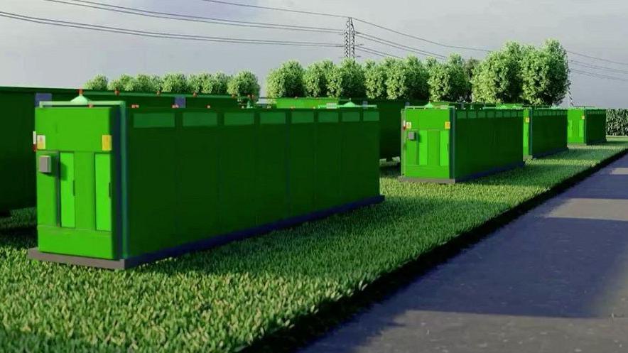 An artist's impression of how the battery park could look, which includes various light green shipping container style buildings in a row