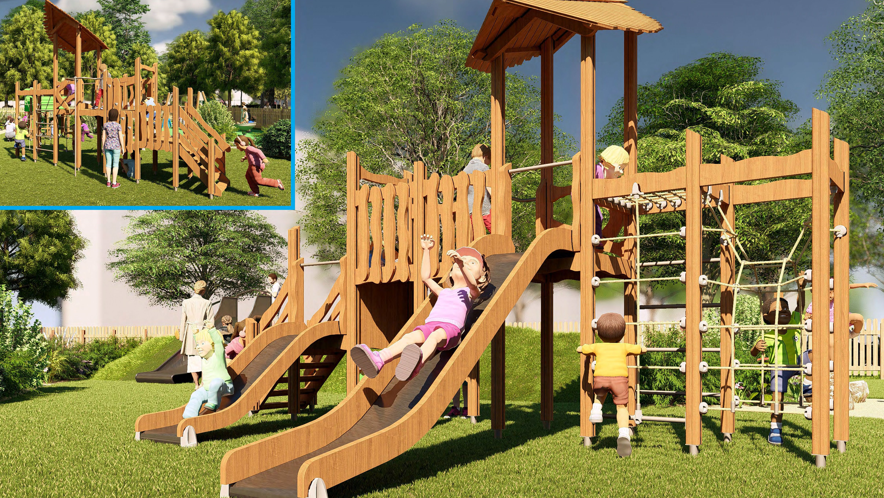 An artist's impression of play equipment, including a slide and climbing frame