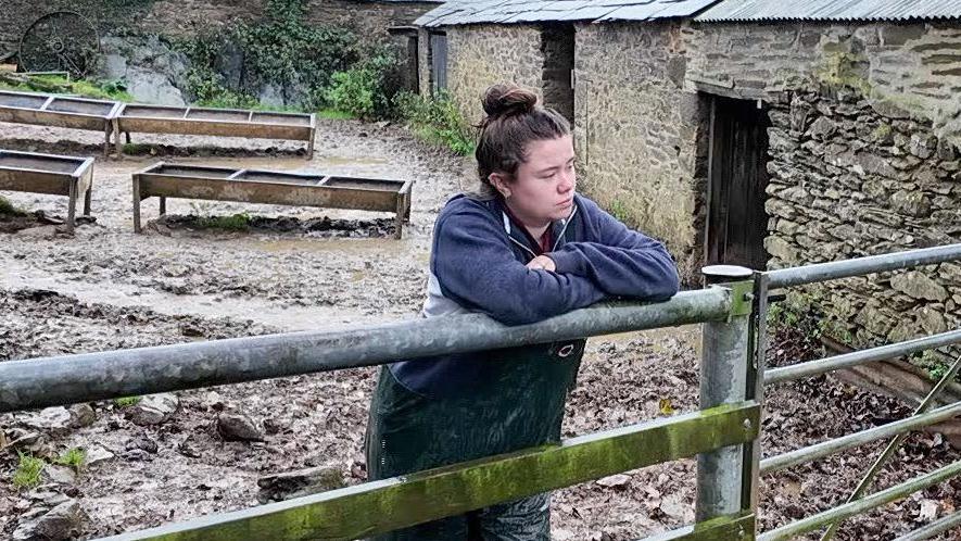 A woman in farm overalls leans on a wooden fence at the edge of a muddy farm yard. There are small stone buildings in the background and animal troughs in the yard. 