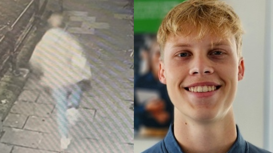 On the left, a grainy CCTV image showing Seb from behind walking wearing jeans and a jacket. On the right, a portrait photo of Seb smiling at the camera.