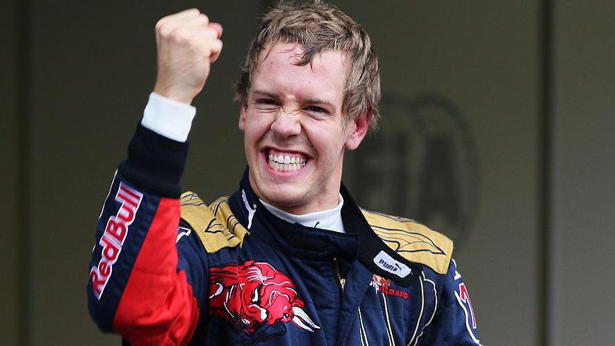 Sebastian Vettel clenches his fist in celebration after taking pole position for the 2008 Italian Grand Prix