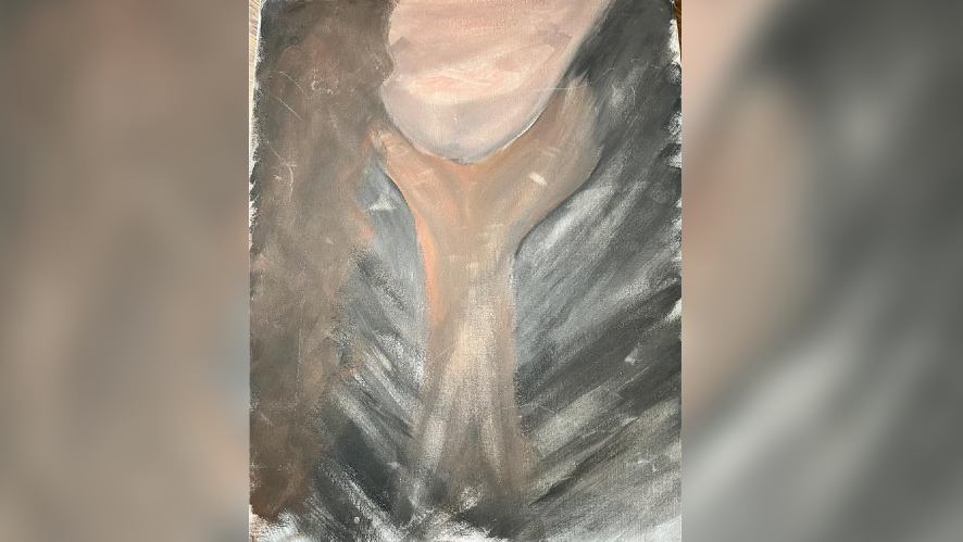 A painting of a blank face with long dark hair and a stylised hand coming from darkness to grab.