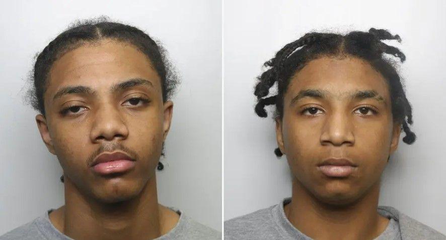 Custody pictures of two teenage boys both wearing grey tops. One has short dark hair and the other has dark hair in dreadlocks. 