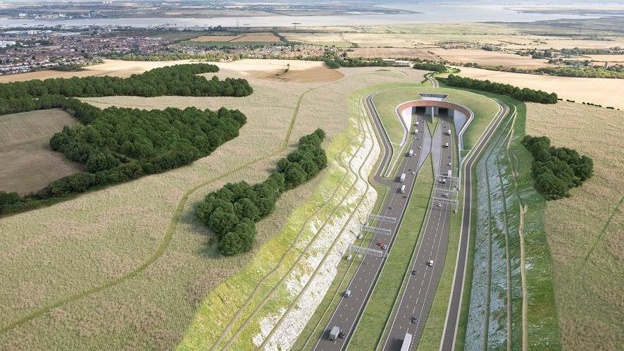 A graphic showing the new road emerging from the tunnels. It has carriageways travelling in both directions and it is surrounded by fields. In the background the River Thames is pictured.