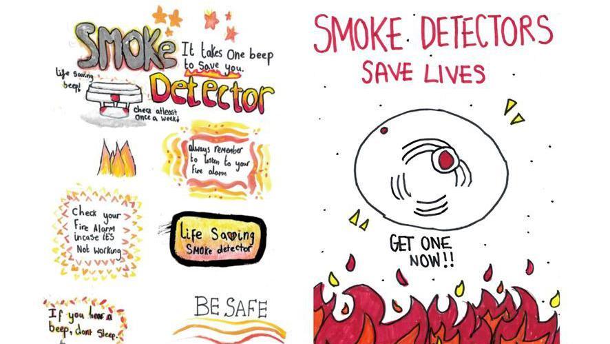 Posters featuring hand drawn smoke detectors and warnings about fire safety.