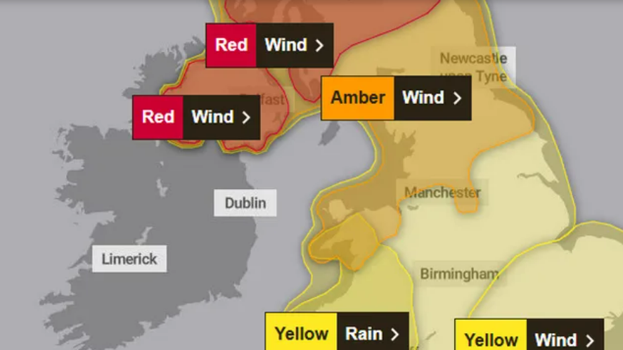 A Met Office weather map showing warnings for wind and rain across England