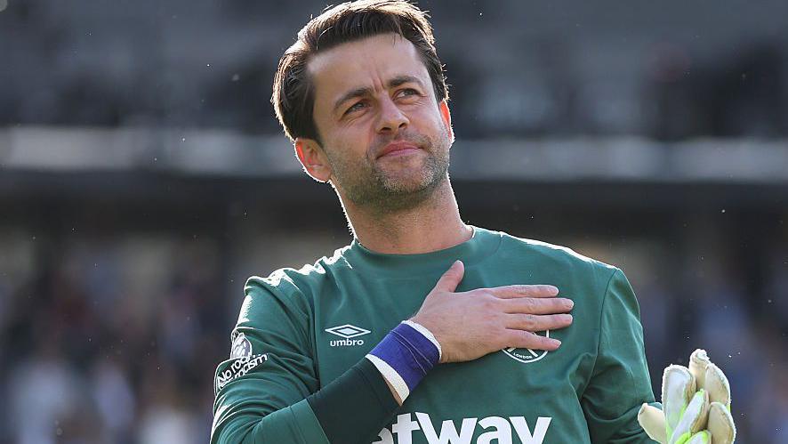 Lukasz Fabianski of West Ham United shows appreciation to the fans following his final appearance for the club 