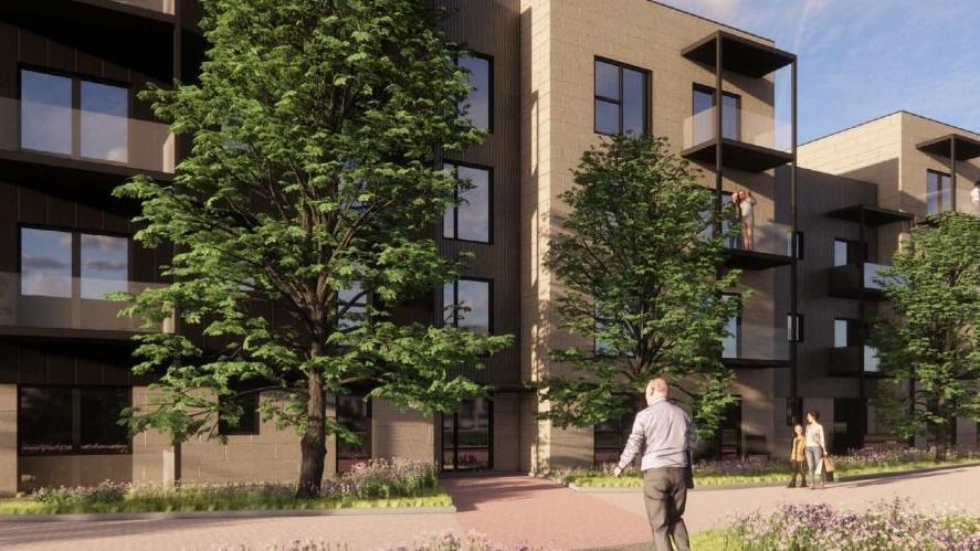 A mock up of a housing development on Foundry Lane in Chippenham showing terraced blocks in a brown brick style