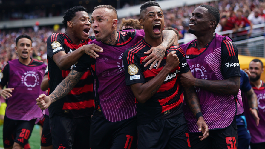 Bruno Henrique (centre) of Flamengo celebrates with team-mates after scoring against Chelsea