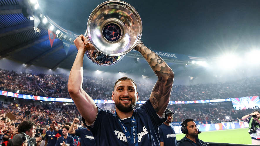 Paris Saint-Germain goalkeeper Gianluigi Donnarumma celebrates after helping his side win the 2025 Champions League