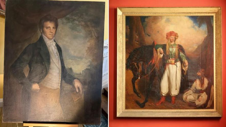 Composite image of portrait showing Colin Firth as Mr Darcy wearing a dark long blazer, light waistcoat and sandy coloured trousers while holding a book. Lyme Park features in the backdrop. On the right is a portrait of real-life owner Thomas Legh wearing Arabian garments while leaning against a brown horse and holding a sword. He is wearing a red and gold turban, green striped top, maroon cape and loose white trousers. An Egyptian man with a turban is seen sitting in the bottom right corner looking up at him.
