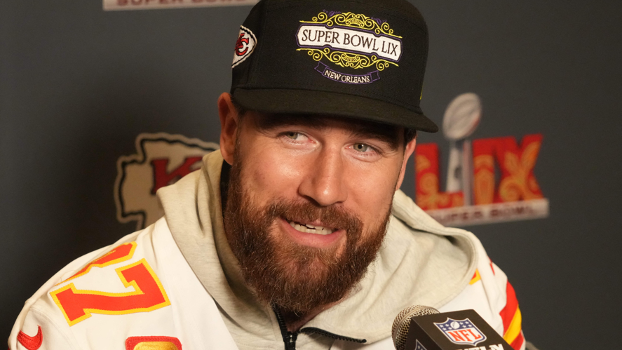 Travis Kelce speaking at a news conference on the Wednesday before Super Bowl 59