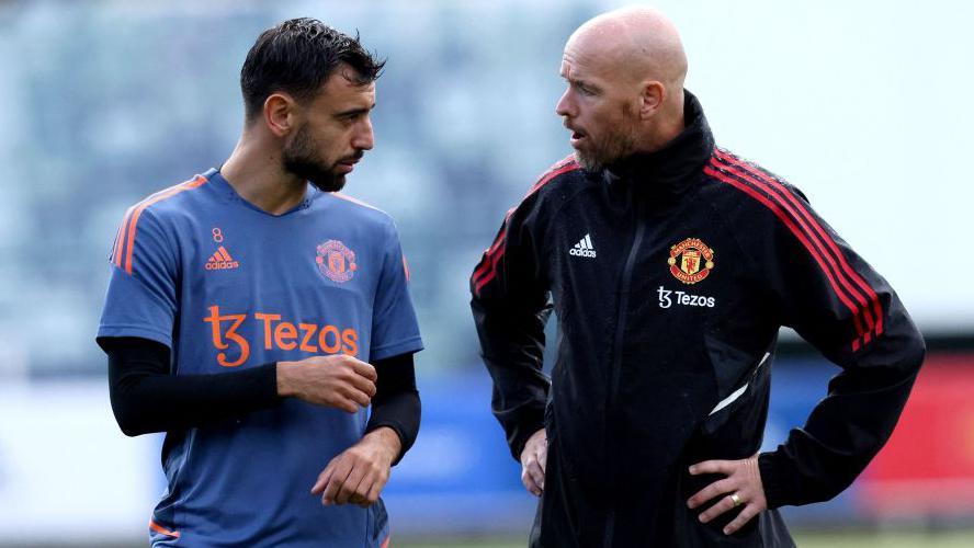 Bruno Fernandes and Erik ten Hag