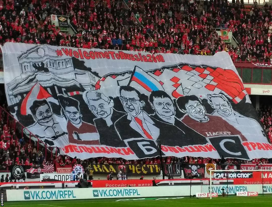 Spartak fans hold banner reading BBC - Blah Blah Channel