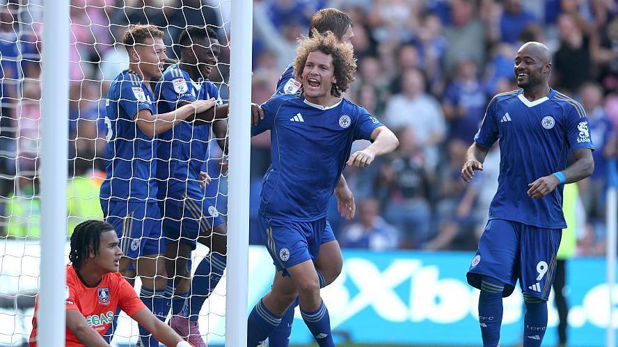 Leicester City defender Wout Faes celebrates scoring the winner against Sheffield Wednesday
