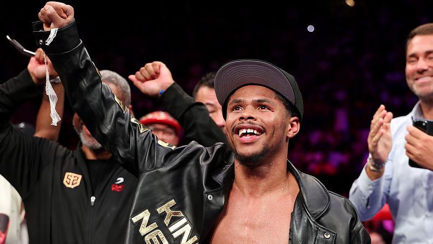 Shakur Stevenson celebrates after defeating William Zepeda in their WBC lightweight title fight