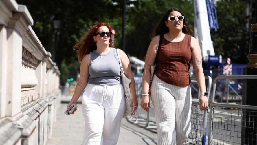 Two women walking through London wh