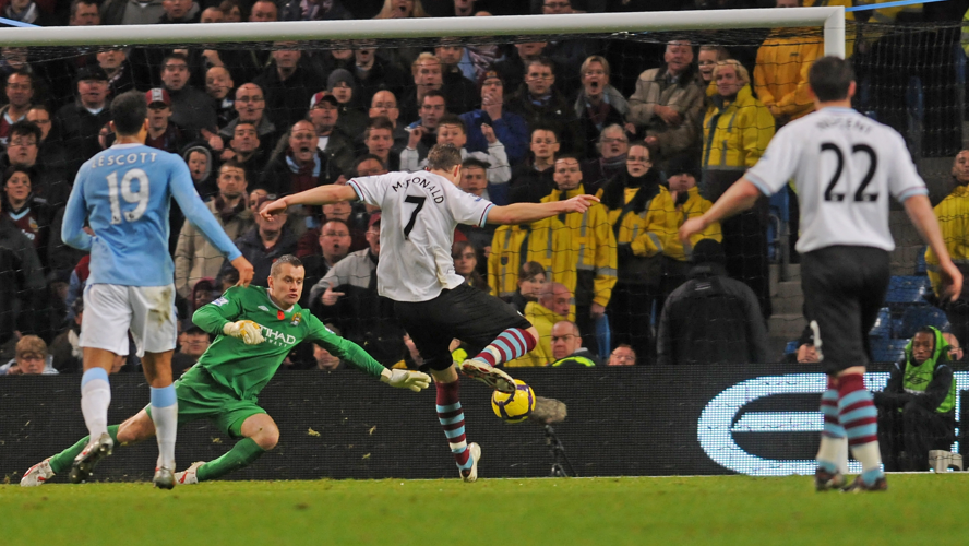 Kevin McDonald scores Burnley's third equaliser in a 3-3 draw away to Manchester City in the Premier League in 2009