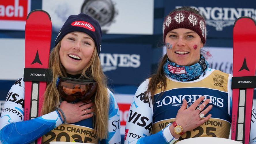 Mikaela Shiffrin and Breezy Johnson celebrate their win in Austria