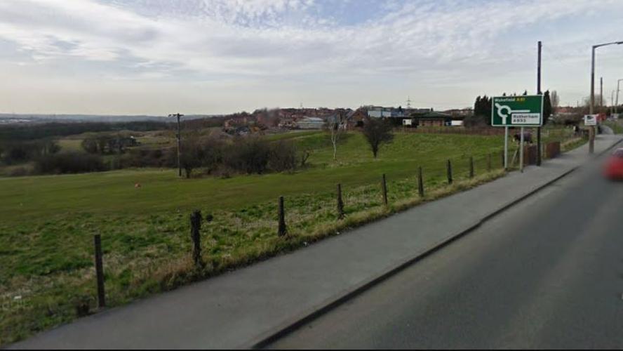 A green field to the left of a road