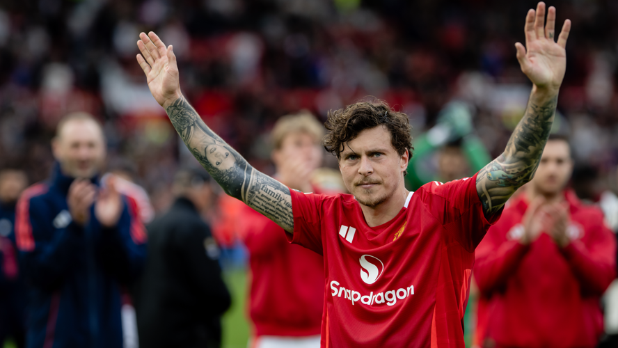 Manchester United defender Victor Lindelof salute fans after their final game of the 2024-25 season