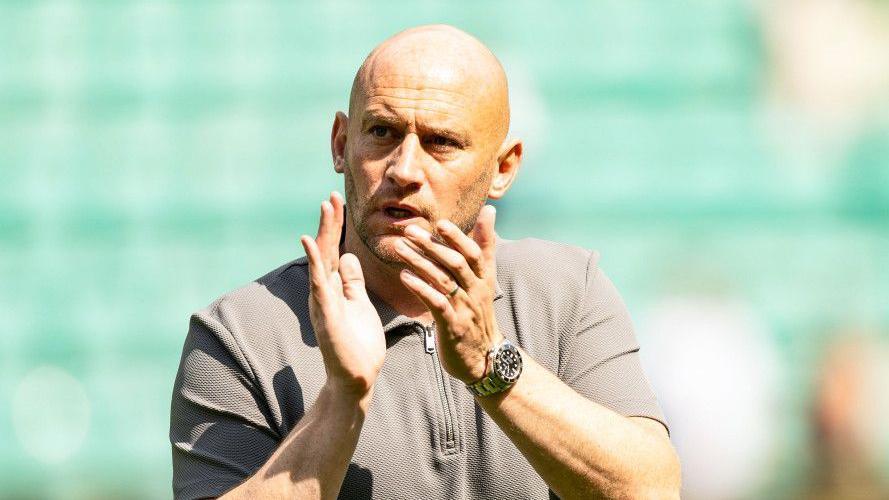 Hibernian Head Coach David Gray at full time during a pre-season friendly match between Hibernian and Brondby IF at Easter Road, on July 18, 2026, in Edinburgh, Scotland. 