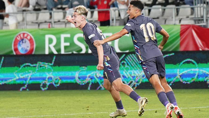 Jesse Derry celebrates scoring England's equaliser against Germany in an epic game with Germany at the European Under-19 Championship