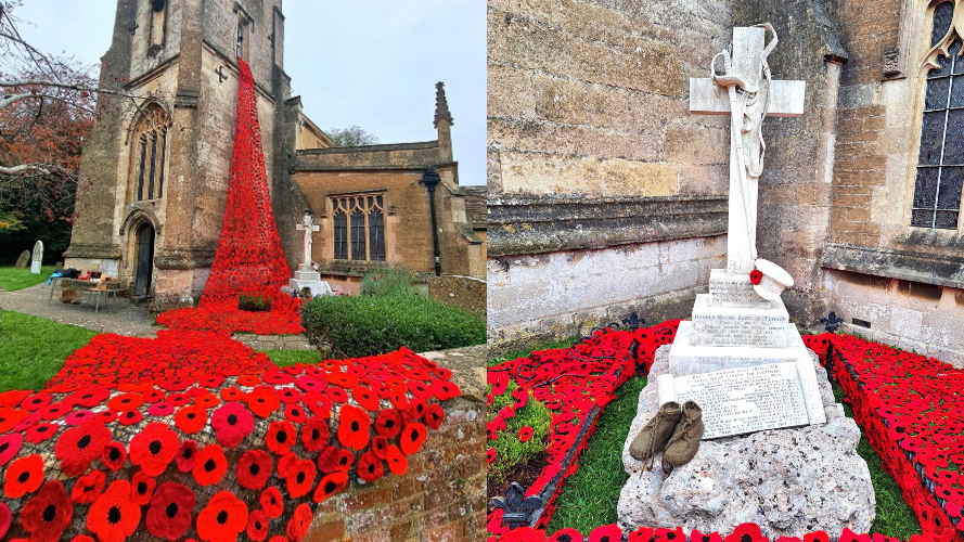 Two pictures together: on the left, the cascade of handmade poppies from the ground, draping over the churchyard, round the war memorial and up to a window of the belltower. On the right, closer up of the war memorial next to the church, which is a cross. Surrounded by knitted poppies all over the grass, there are a pair of knitted soldiers boots at the base.