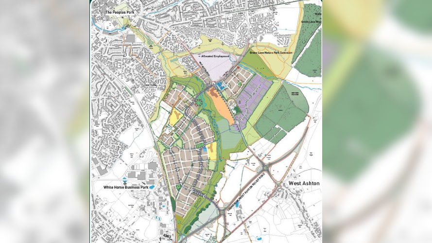 A map of the Trowbridge and Ashton Park area, with the section for the development coloured in, different shades for different bits.