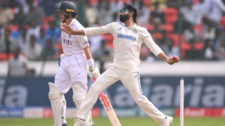 India bowler Ravindra Jadeja in bowling action during day three of the 1st Test Match between India and England at Rajiv Gandhi International Stadium on January 27, 2024 in Hyderabad, India. (Photo by Stu Forster/Getty Images)