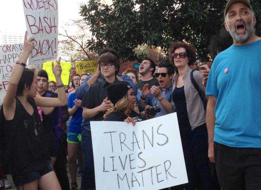 People protest outside the North Carolina Executive Mansion in Raleigh, North Carolina