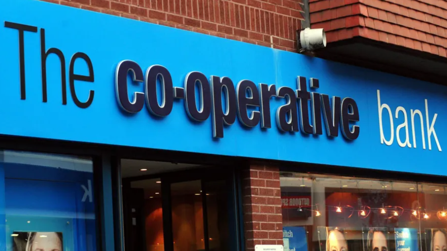 Frontage of Co-operative bank branch, with a blue sign prominent above the door