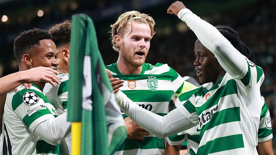  Geovany Quenda celebrates scoring the opening goal for Sporting