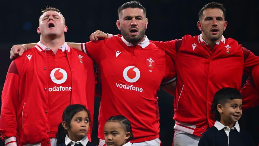 Wales players sing the national anthem during the International Test Match between Australia and Wales at AAMI Park on July 13, 2024 in Melbourne, Australia